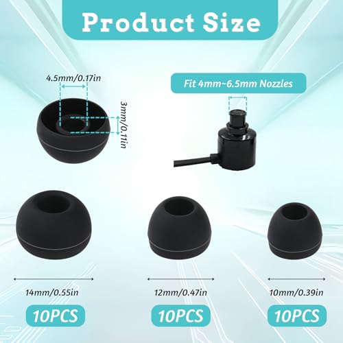 30Pcs Silicone Replacement Earbud Covers Fit Most Earphones Ear Tips(Inner Hole 4mm -6.5mm) Black Ears Cushion Earbuds for in- Ear Headphones Tips Replacement Kit
