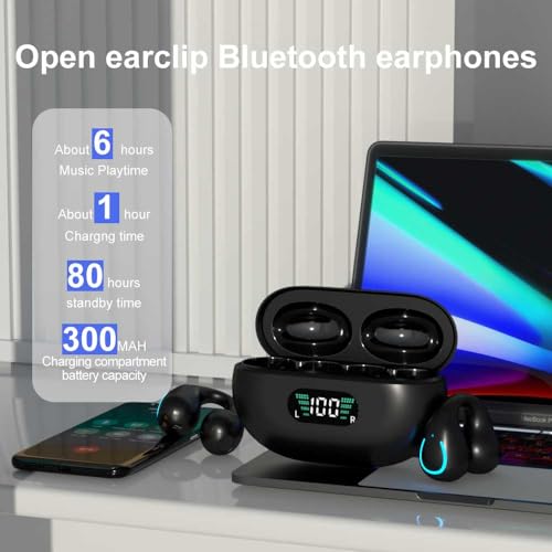 Obbug Clip-On Open Ear Headphones Wireless Bluetooth 5.3 Earbuds with Earhooks 80 Hours Playtime with Charging Case,IPX4 Waterproof Earphones for Running, Walking, Workout(Black) - color: Black