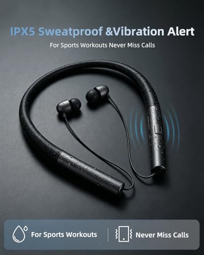 Neckband Bluetooth Headphones, Retractable Headphones Bluetooth 5.3 with IPX5 Sweatproof & Vibration Alert, Stereo Noise Cancelling for Music, Calls, Conference, Videos
