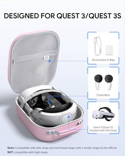 Hard Carrying Case for Meta Quest 3S/3 Oculus Quest 2 Pico 4 | Compatible with Vision Pro, Hard Travel Storage Case, Fits Elite & Battery Head Straps, (Pink )