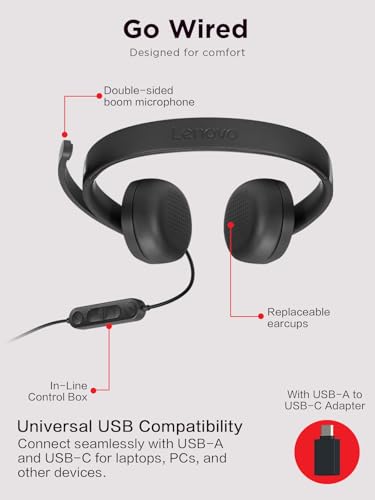 Lenovo 115 USB-A/USB-C Wired Stereo Headset – Lightweight, Noise-Cancelling, in-Line Control Box, USB-A to USB-C Adapter, Over-Ear Design, Headset with Mic for PC and Laptop, Black
