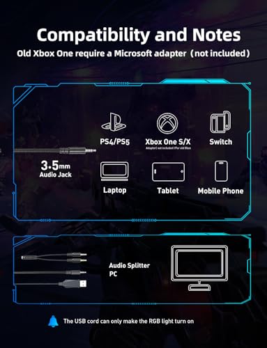 Gaming Headset with Microphone, Gaming Headphones Compatible for PS4 PS5 Xbox PC with RGB Lights, PlayStation Headset with Noise Reduction 7.1 Surround Sound Over-Ear and Wired 3.5mm Jack (Black) - color: Black