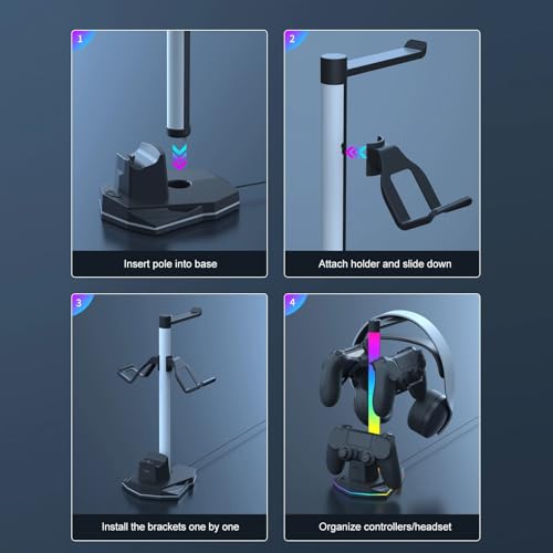 Zunate 3 in 1 RGB Gaming Controller Charging Stand with Headphone Holder, Dual USB and USB C Ports, 4 Lighting Modes, Dock for 2 Game Controllers and Headsets