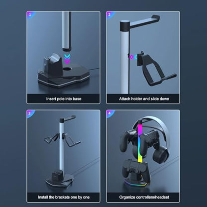 Zunate 3 in 1 RGB Gaming Controller Charging Stand with Headphone Holder, Dual USB and USB C Ports, 4 Lighting Modes, Dock for 2 Game Controllers and Headsets