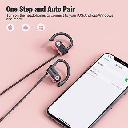 Boean Bluetooth Headphones, Wireless Earbuds with 16 Hours Bluetooth 5.3 Wireless Headphones HD Deep Bass Stereo IPX7 Waterproof Earphones for Sports Headset AI Music Generation - color: Pink