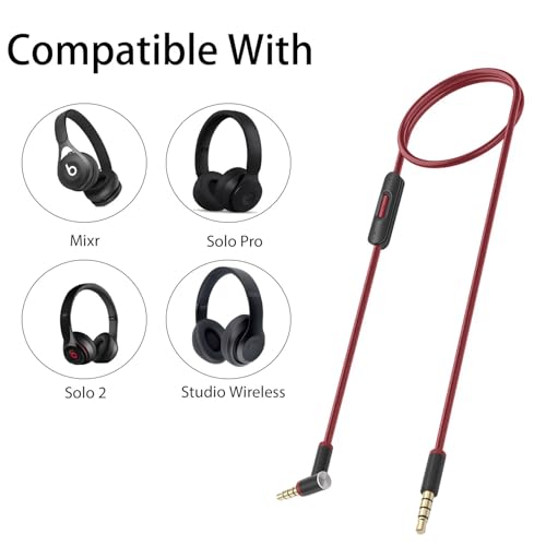 Replacement Audio Cable for Beats Headphones, Beats Cable Compatible with Solo Pro/Studio/Solo, Executive Mixr Pill with in Line& Volume Control (Black/red) - color: black/red