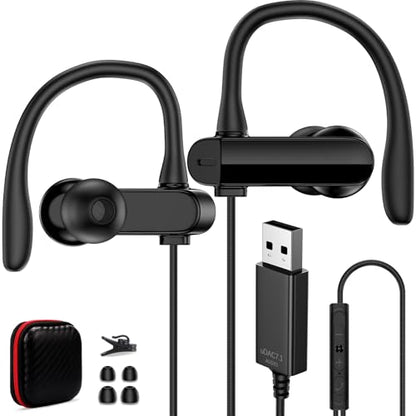 USB Headphones Over Ear Earbuds with Microphone for PC Computer | Noise Isolating In-Ear Stereo Computer Earbuds,Adjustable Ear Hook,Fit Gaming Zoom Office Work for HP/Dell Laptops-Black