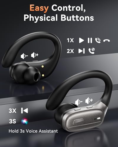 LEEMC Wireless Earbuds, Bluetooth Headphones 5.4, Ear Buds with Hooks for Sports, 80Hr Playtime Earphones, LED Display, IPX7 Waterproof Headset for Workout Running, Taupe