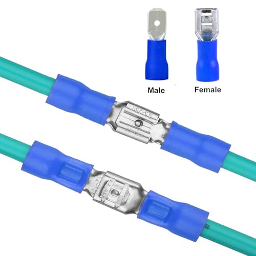 200pcs Female Spade Connectors 1/4" 6.3mm Vinyl Insulated Quick Disconnect Terminals, 16-14 AWG Tin-Plated Brass Crimp Connectors-Blue