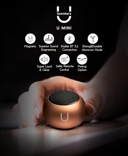 Fashionit U Mini, Tiny Bluetooth Speaker with Magnetic Base, Rose Gold | aluminum shell, Wireless, TWS stereo pairing, 30 foot range, rechargeable battery, magnetic base, travel and gifting - color: Rose Gold