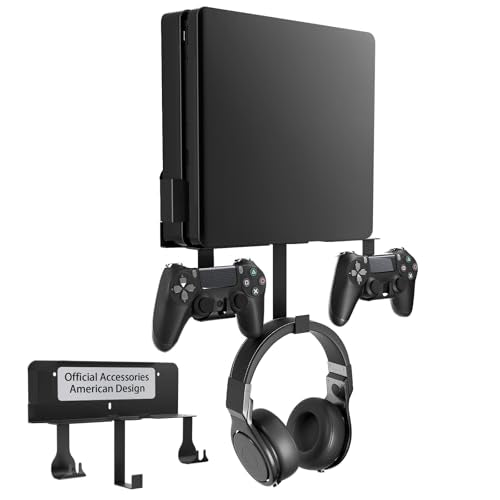 Wall Mount for PS4 Slim with Detachable 2 Controller Holder & Headphone Hanger, Metal Stealth Wall Mount Stand for Playstation 4 Slim - color: Black