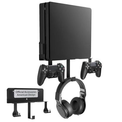 Wall Mount for PS4 Slim with Detachable 2 Controller Holder & Headphone Hanger, Metal Stealth Wall Mount Stand for Playstation 4 Slim - color: Black
