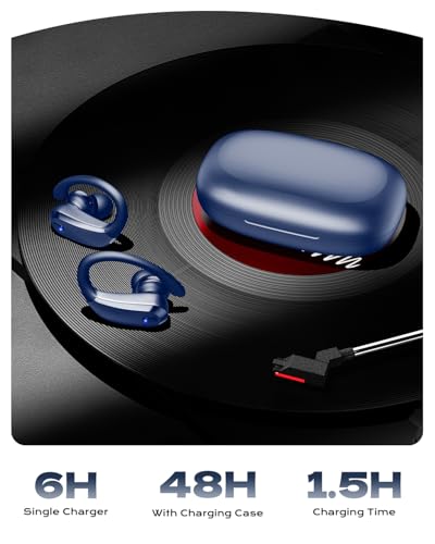 Wireless Earbuds Bluetooth 5.3 Sport Headphones with Earhooks,IPX7 Waterproof Earphones,48H Playtime Earbuds,Lightweight 7.8g,Noise Cancelling Mic Bluetooth Headphones for Running & Workout (Navy)