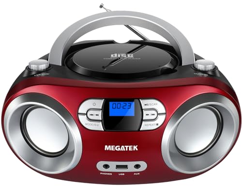 MEGATEK Portable CD Player Boombox with Bluetooth & FM Radio – Cherry Red | USB Playback, Clear Stereo Sound, AUX Input, Headphone Jack, CD-R/RW & MP3-CD Support, LCD Display, AC/Battery Powered - color: Cherry Red