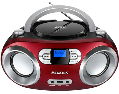 MEGATEK Portable CD Player Boombox with Bluetooth & FM Radio – Cherry Red | USB Playback, Clear Stereo Sound, AUX Input, Headphone Jack, CD-R/RW & MP3-CD Support, LCD Display, AC/Battery Powered - color: Cherry Red