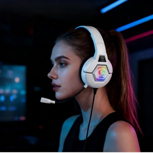 Docooler Gaming Headset with Microphone, Computer Headset with 50mm Drivers Omni Directional Microphone, RGB Lighting for Smartphone, Laptop, Desktop PC, Gaming Console (White) - color: White