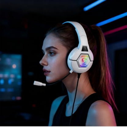 Docooler Gaming Headset with Microphone, Computer Headset with 50mm Drivers Omni Directional Microphone, RGB Lighting for Smartphone, Laptop, Desktop PC, Gaming Console (White) - color: White