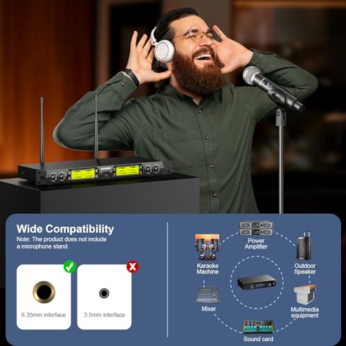 Wireless Microphones System, 4 Channel UHF Wireless Mics,with 4 Handheld Dynamic Microphones,Metal Receiver for Karaoke,Singing,Wedding,Party,Speech,Church - color: Grey