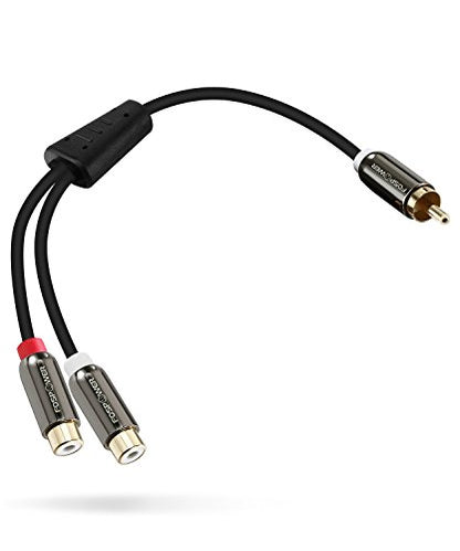 FosPower Y Adapter [8 inch] 1 RCA (Male) to 2 RCA (Female) Stereo Audio Y Adapter Subwoofer Cable [24k Gold Plated] 1 Male to 2 Female Y Splitter Connectors Extension Cord | Dual-shielded RCA Y-splitter cable (1 RCA male to 2 RCA female) with 24K gold con
