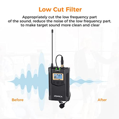 Wireless Lavalier Microphone, with Carrying Bag,Comica CVM-WM100 PLUS UHF 48 Channels Dual Lapel Microphone System for DSLR Cameras, XLR Camcorder, Phone, Lav Mic for Interview Youtube Video Shotting