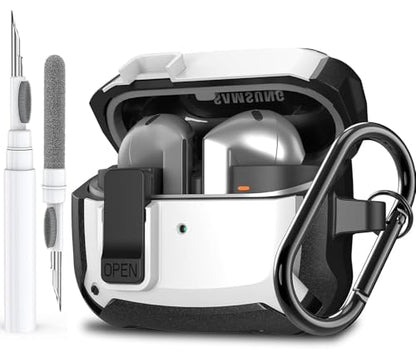 Galaxy Buds 3 Pro/3/3 FE Case Cover with Secure Lock Clip, Shockproof Samsung Galaxy Buds3/3 Pro 2024/3 FE 2025 Protective Hard Cover Shell with Carabiner&Cleaner kit for Men Women, Black/White - color: Black/White