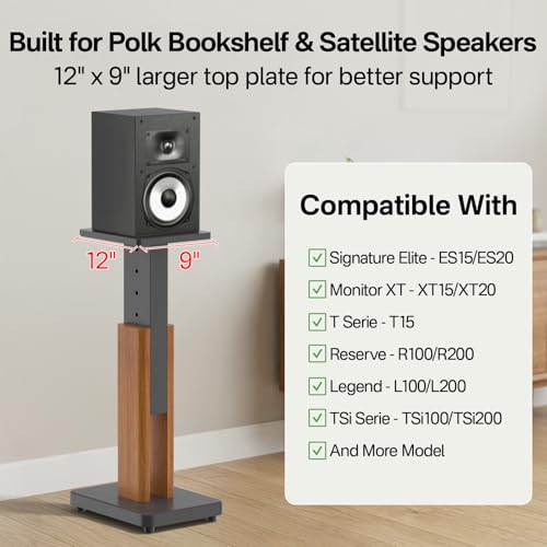 Wood Speaker Stands Pair for Polk ES15/ES20/XT15/XT20/T15/R100/R200 Surround Speaker Stands - Height Adjustable Extend 18" to 28", Floor Speaker Stand for Polk Bookshelf Speaker Stands Up to 50Lbs