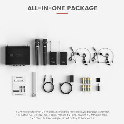 Phenyx Pro 4-Channel VHF Wireless Microphone System PTV-2000-2H2B | 2 Handheld Mics, 2 Bodypacks, Lapel/Headset Mics, Metal Receiver, Church, Meetings, Conferences