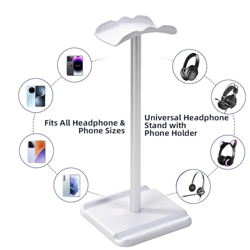 Headphone Stand for Desk, Headset & Earphone Holder with Phone Slot | Aluminum Pole, TPU-Padded Headrest, Anti-Slip ABS Base, Universal for Gaming & Office, Compatible with All Headphones - color: White