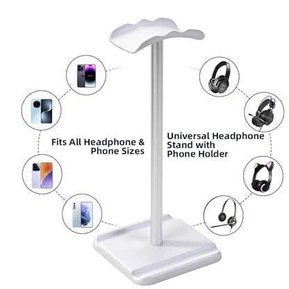 Headphone Stand for Desk, Headset & Earphone Holder with Phone Slot | Aluminum Pole, TPU-Padded Headrest, Anti-Slip ABS Base, Universal for Gaming & Office, Compatible with All Headphones - color: White