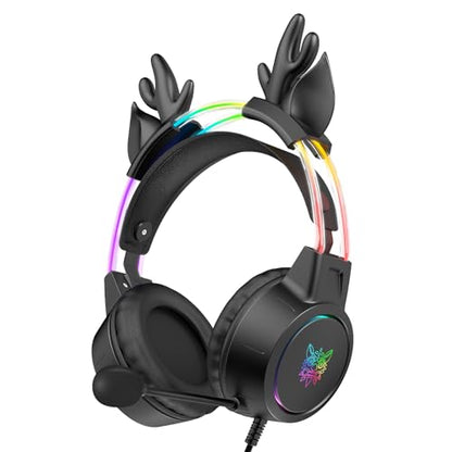 Lightweight Gaming Headset, RGB Lighting, Wired Over Ear Headphones with Mic for PC Laptop PS4 PS5 Switch, Stereo Surround Sound, Self-Adjusting Headband, Black Deer Ear - color: Black Deer Ear