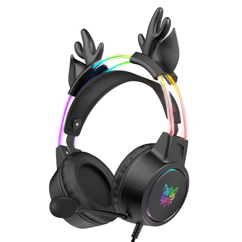 Lightweight Gaming Headset, RGB Lighting, Wired Over Ear Headphones with Mic for PC Laptop PS4 PS5 Switch, Stereo Surround Sound, Self-Adjusting Headband, Black Deer Ear - color: Black Deer Ear