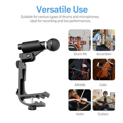 2 Pack Adjustable Drum Microphone Clips | Rim-Mount Mic Clips Position Microphones Without a Floor Stand, Check Drum Rim and Microphone Fit Before Purchase