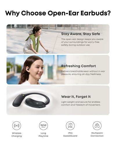Soundcore AeroFit 2 by Anker Open Ear Earbuds, Open Ear Headphones, Earbuds | Real-Time Translation, 4 Adjustable Positions, 42H Playtime, Rich Bass, Hi-Res, IP55, AI Clear Calls, Wireless Charging - color: Black, style: Standard