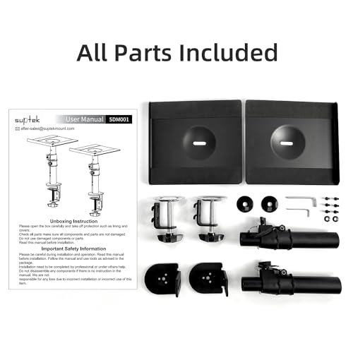 suptek Clamp-on Speaker Stand Desk Mount Set, Height Adjustment, Tilt, Swivel, 9.6 x 8.8 inch Trays, Universal Audio Holders for Computer and Bookshelf Speakers, Elevated Sound, 2 Pack, Black, SDM001B - color: Black, size: 9.6 x 8.8x 13.9"(h)