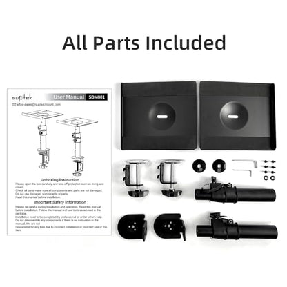 suptek Clamp-on Speaker Stand Desk Mount Set, Height Adjustment, Tilt, Swivel, 9.6 x 8.8 inch Trays, Universal Audio Holders for Computer and Bookshelf Speakers, Elevated Sound, 2 Pack, Black, SDM001B - color: Black, size: 9.6 x 8.8x 13.9"(h)