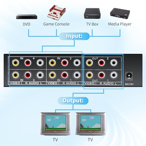 BolAAzuL 4x2 RCA Switch Splitter Composite Video L/R Audio Selector Box | 4 in 2 Out RCA Video Stereo Audio Switcher 4-Way AV Splitter Selector Switch for Retro Game Console Wii PS2 Xbox DVD STB HDTV - style: 4 in 2 out