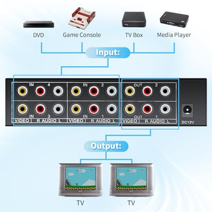 BolAAzuL 4x2 RCA Switch Splitter Composite Video L/R Audio Selector Box | 4 in 2 Out RCA Video Stereo Audio Switcher 4-Way AV Splitter Selector Switch for Retro Game Console Wii PS2 Xbox DVD STB HDTV - style: 4 in 2 out