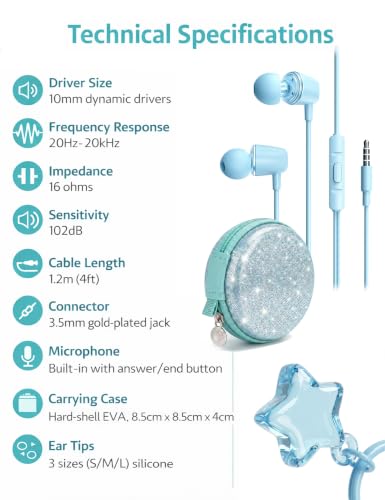 Glitter Skyblue Teens Wired Earbuds with Case, 3.5mm Headphones for School | GOGOSINIS Wired Student Earbuds with Glitter Blue Case, Braided Lanyard Wristlet & Star Keychain Charm, For School backpacks - color: Glitter Skyblue
