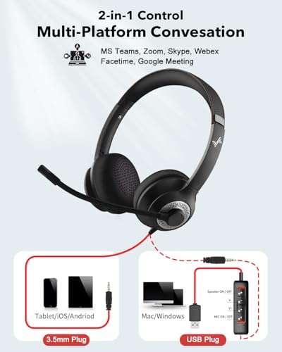 JIAMQISHI USB Headset with Microphone for PC, On-Ear Computer Laptop Headphones with Noise Cancelling Microphone in-line Control for Home Office Online Class Skype Zoom (USB+3.5mm, Black) - color: Black, style: USB+3.5mm