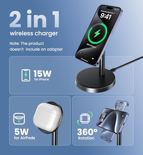 Magnetic Wireless Charger iPhone, 2 Pack 15W Fast Mag-Safe Charger Stand for iPhone 17/17 Air/17 Pro/17 Pro Max 16/15/14/13/12 Series, Wireless Charging Station for Pad/AirPods(Black) - color: Black