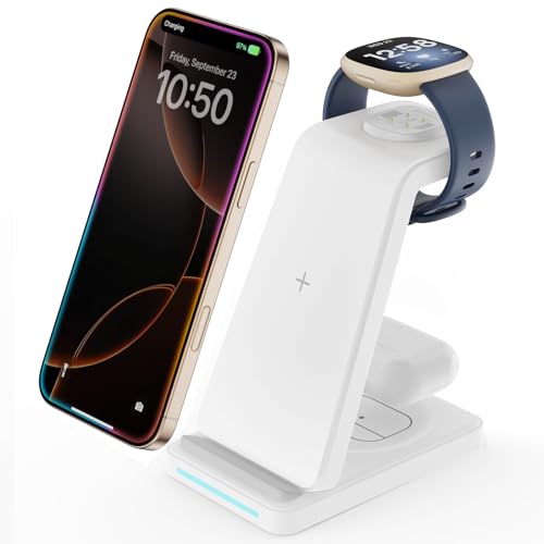 Wireless Charger for Fitbit Charging Station - GEEKERA 3 in 1 Phone Charger Stand for Fitbit Watch Sense 2/Sense/Versa 4/3, iPhone, Samsung, Google Pixel Phones, Androids, Airpods 4/3/2 - color: White