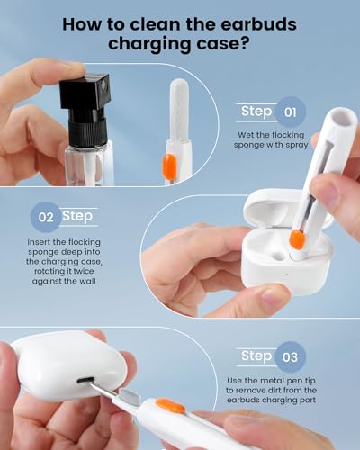 20-in-1 AirPod Cleaning Kit Pro 4 3 2 1 Cleaner Tool for Earbud Phone | Multifunction Deep Cleaning Headphones Keyboard Screen with Soft Brush, Metal Tip, Flocking Sponge, 15ml Spray, Cloth, Putty