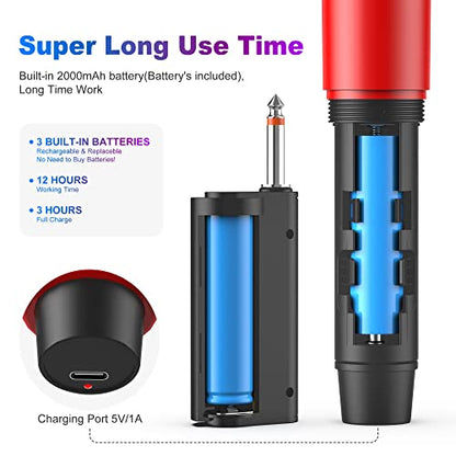 Wireless Microphones, Professional Dual Karaoke Microphones, Wireless Dynamic Microphone System Set with Rechargeable Receiver for Home Party, Speech, Wedding, Church, PA System - color: Red