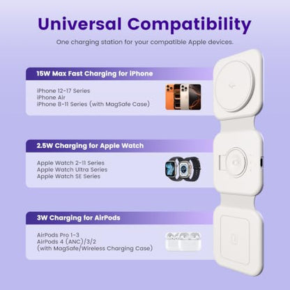15W Magnetic Travel Charging Station, 3-in-1 Foldable MagSafe Charger | Wireless Charger for Apple Multiple Devices - iPhone Air 17 16 15 14 13 12 Pro Max, Watch & AirPods - Grayish White - color: Grayish white