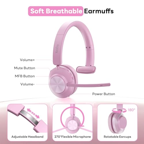 Bluetooth Headset, Wireless Headset with Mic for Work, Bluetooth 5.3, Wireless Headphones with AI Noise Cancelling Microphone (Clear Calls & Mic Mute), USB Dongle, for Computer/PC(Pink) - color: Pink