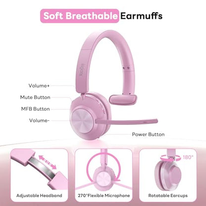 Bluetooth Headset, Wireless Headset with Mic for Work, Bluetooth 5.3, Wireless Headphones with AI Noise Cancelling Microphone (Clear Calls & Mic Mute), USB Dongle, for Computer/PC(Pink) - color: Pink