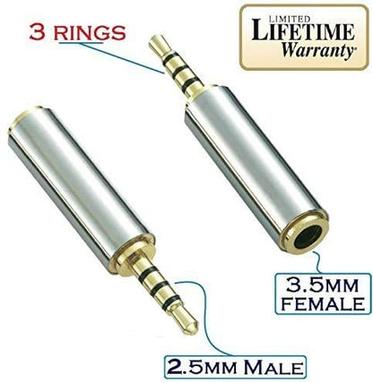 2.5mm Male to 3.5mm Female Audio Adapter Premium Quality Converter Headphone Earphone Headset 3 Ring Jack - Stereo or Mono