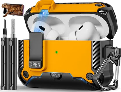 for AirPods Pro 1st/2nd Case with Lock & Phone Stand(Yellow) | Automatic Snap Switch Lock,Carbon Fiber Texture Design Cover with Cleaner Kit - color: BB-yellow