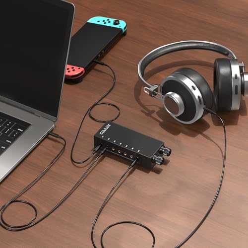 3.5mm 6-in-1 Stereo Audio Switcher with Volume Control & Mute, 6 Input to 1 Output Audio Selector Box for Headphones, Speakers, Laptop, PC, Smartphone, and Tablet