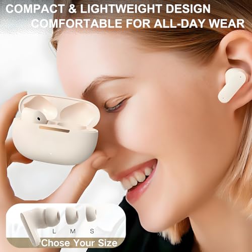TINGER in-Ear ANC Wireless Earbuds, 35dB Active Noise Canceling Bluetooth Headphones, 24H Playtime Hi-Fi Bass Earphones with IPX4 Waterproof, Built-in Mic for Travel Workout - color: Beige